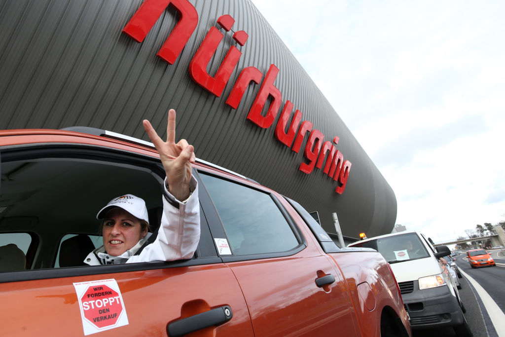 Sabine Schmitz in her car during a car parade at the Nuerburgring race track in Germany. Photo:...