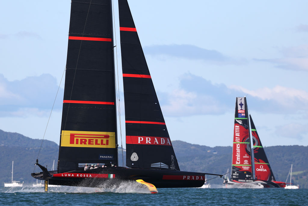 Luna Rossa leads Team New Zealand on its way to victory in Race 3 today. Photo: Getty