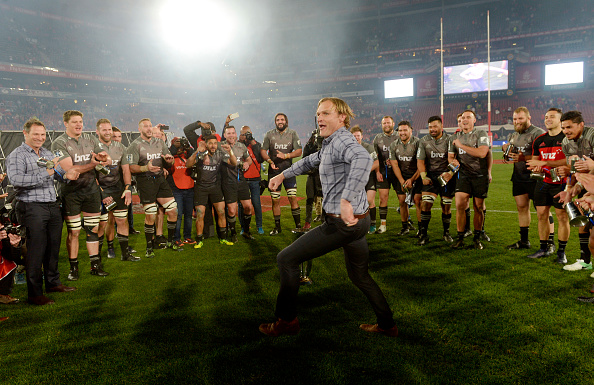 Scott Robertson dances for his players after the 2017 Super Rugby final. Photo: Getty Images