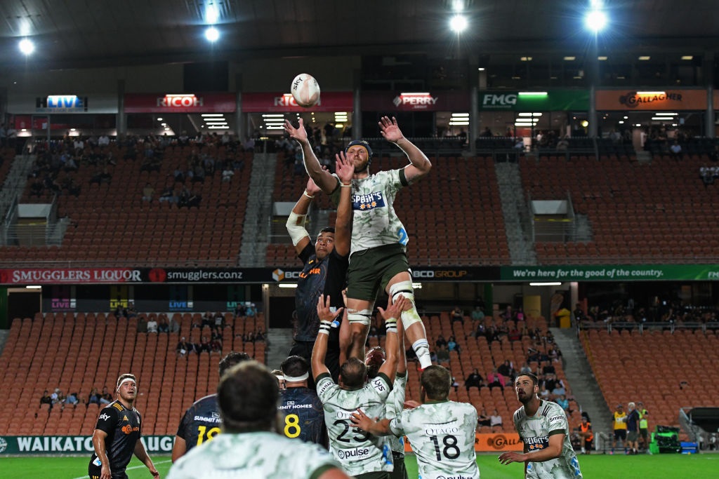 Highlanders lock Josh Dickson takes a lineout during the round two Super Rugby Aotearoa match...
