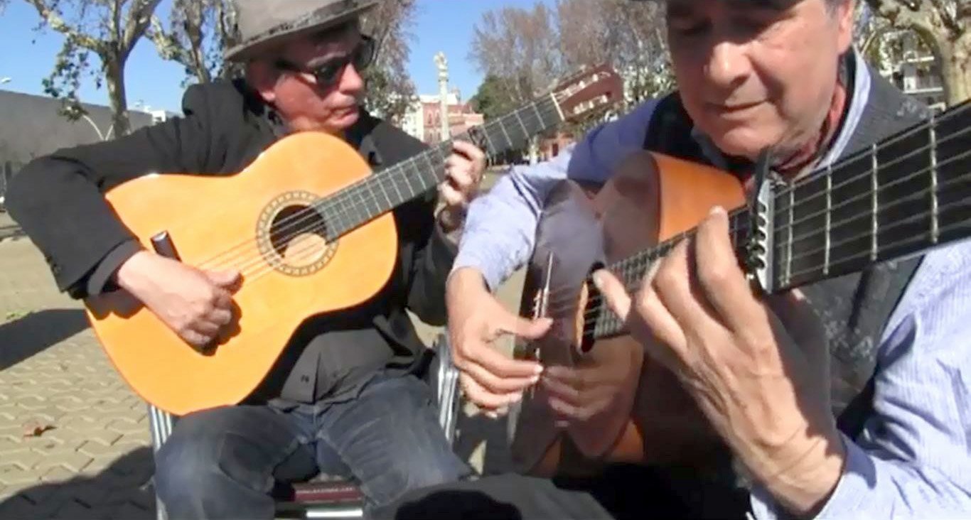 Ian Sinclair in Alameda Square in Seville with flamenco maestro Juan del Gastor. PHOTO: SUPPLIED 