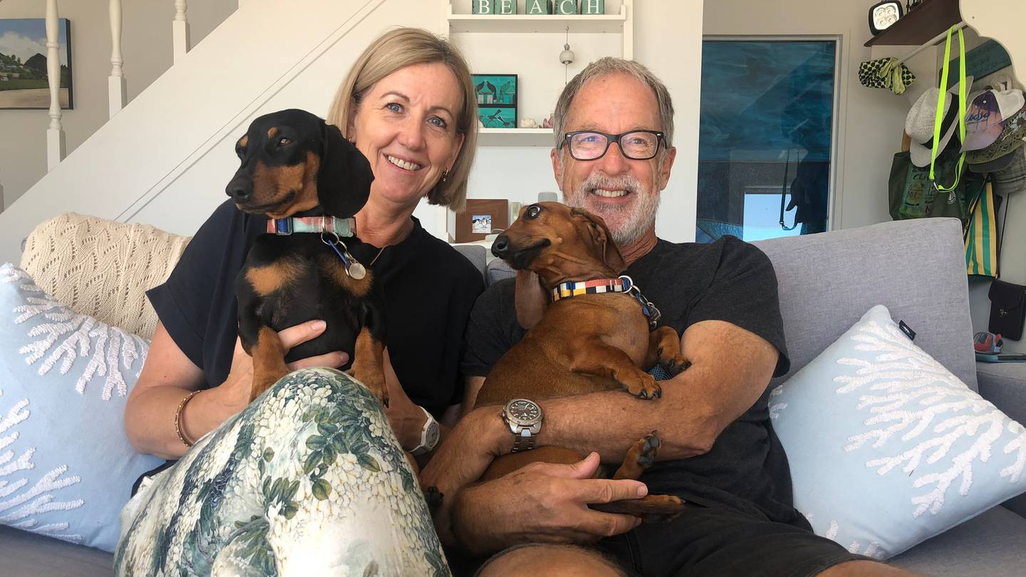 Andrea and David Schroeder with pups Scooter and Wattle home safe after a 48hr mission in Pauanui...