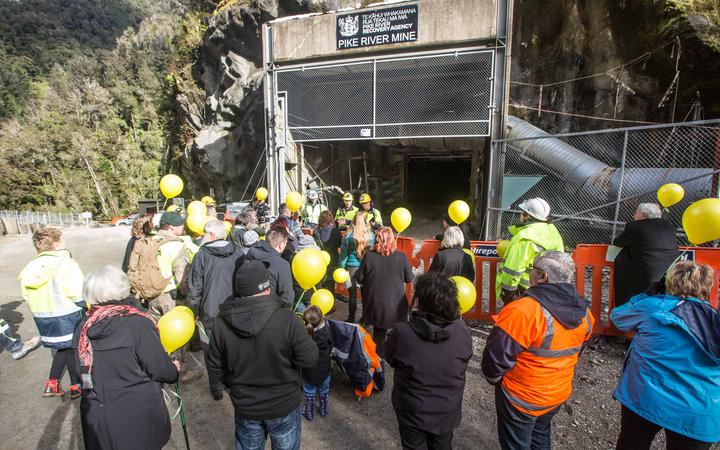 Families at the entrance to the mine in May 2019. Photo: Pike River Recovery Agency