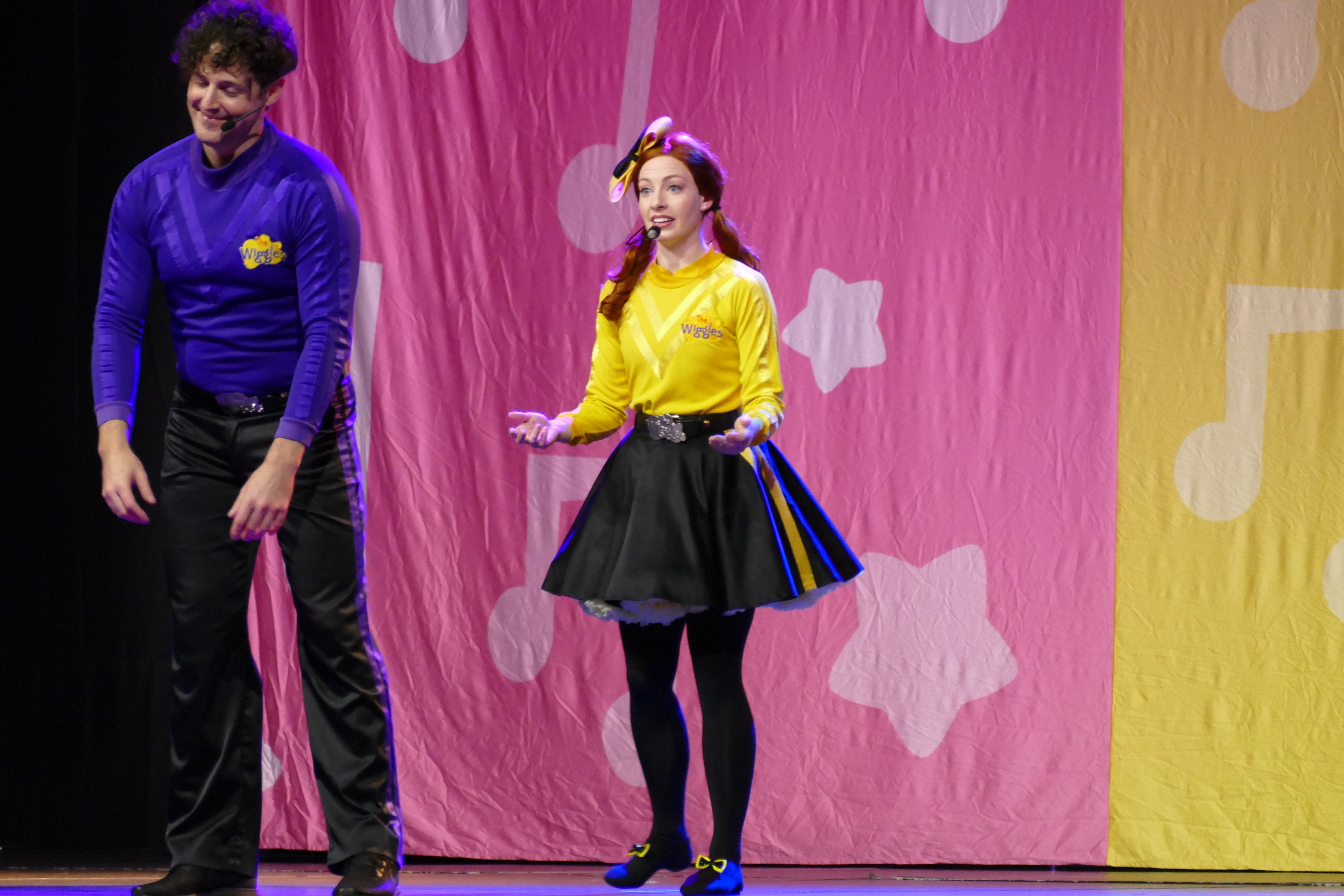 Blue Wiggle Lachlan Gillespie falls asleep on stage in Queenstown yesterday, while Yellow Wiggle,...