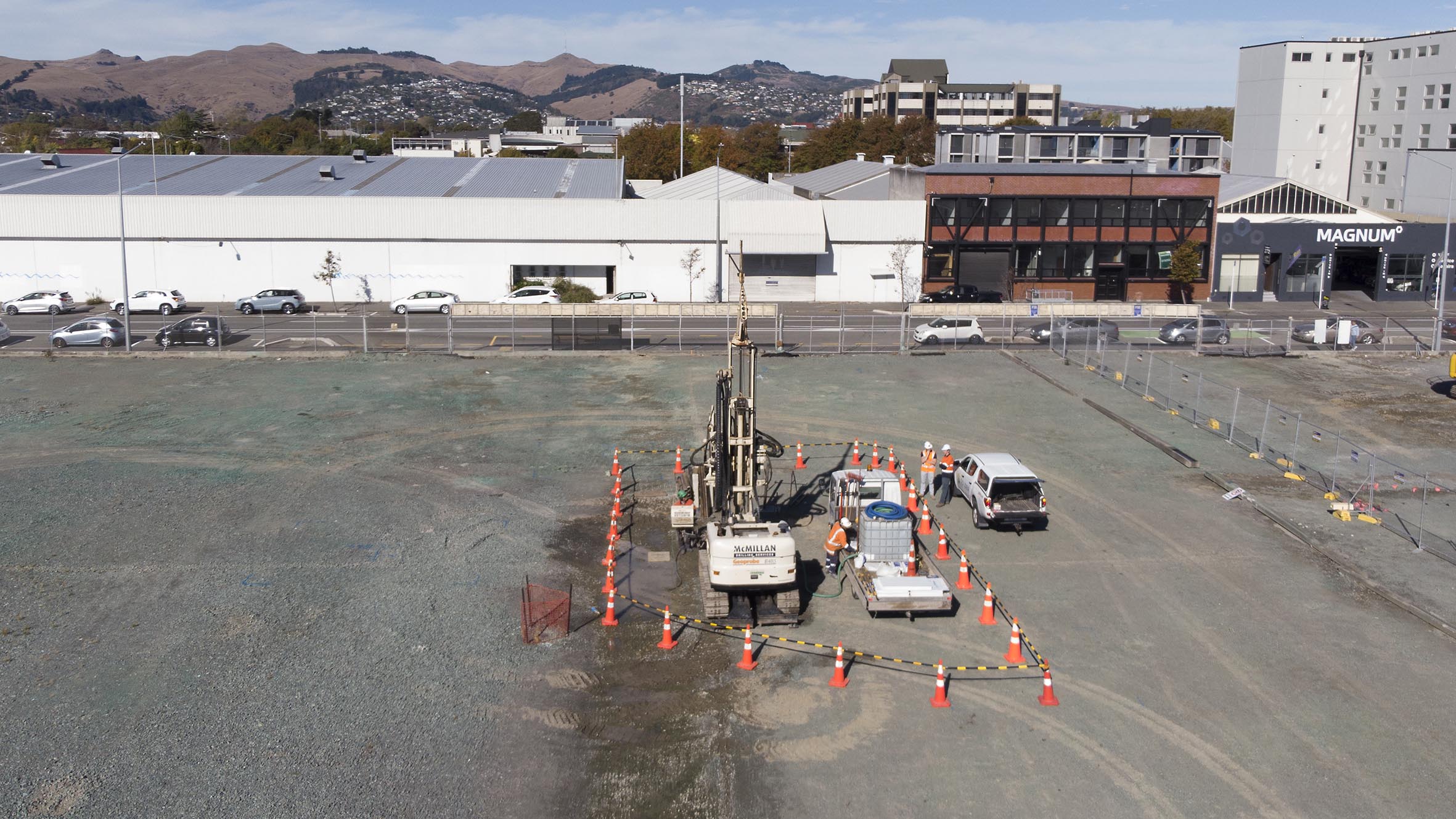 The drilling rigs at the Canterbury Multi-Use Arena site. Photo: Newsline / CCC