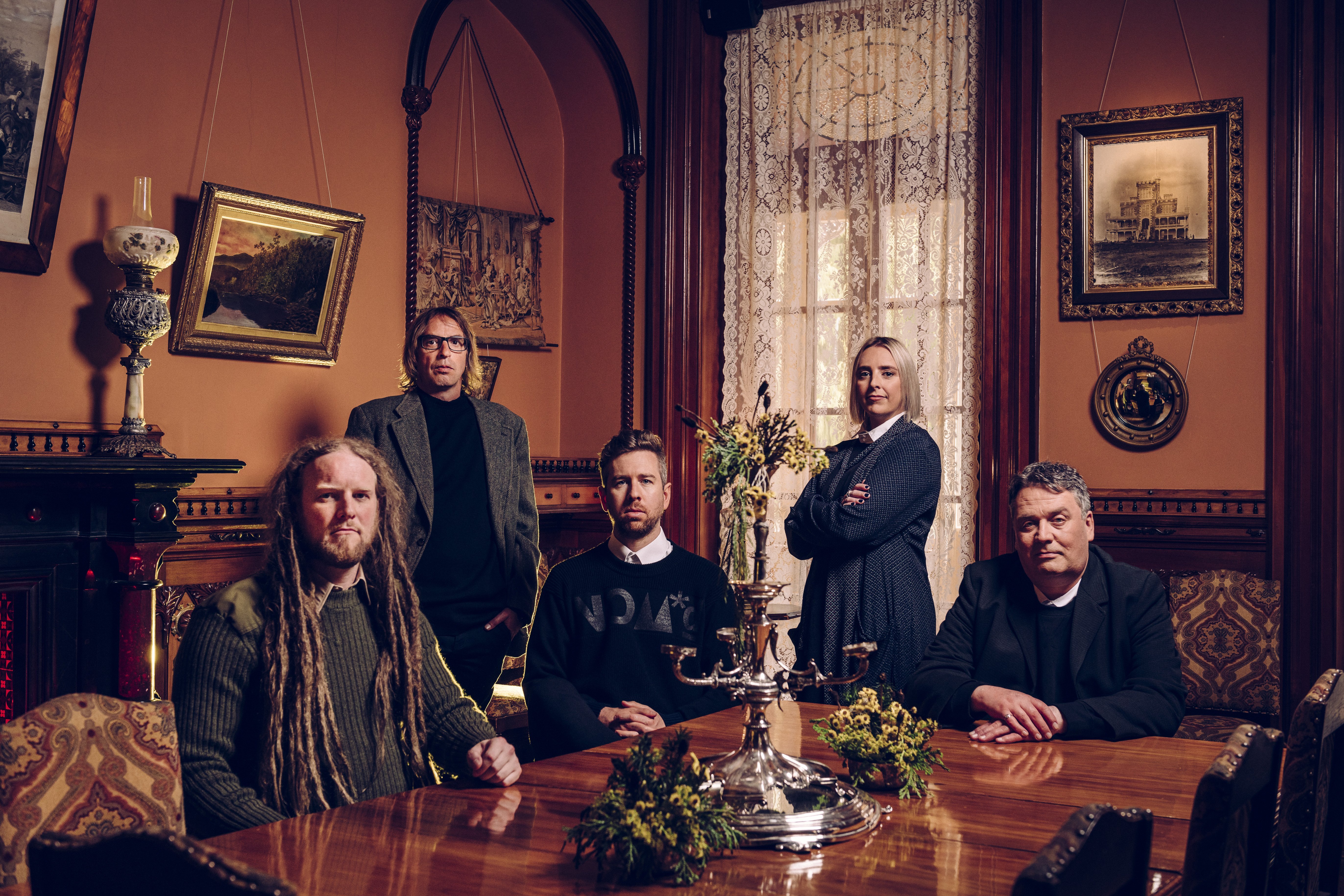 The Chills (from left) Callum Hampton (bass, brass and backing vocals), Todd Knudson (drums and...