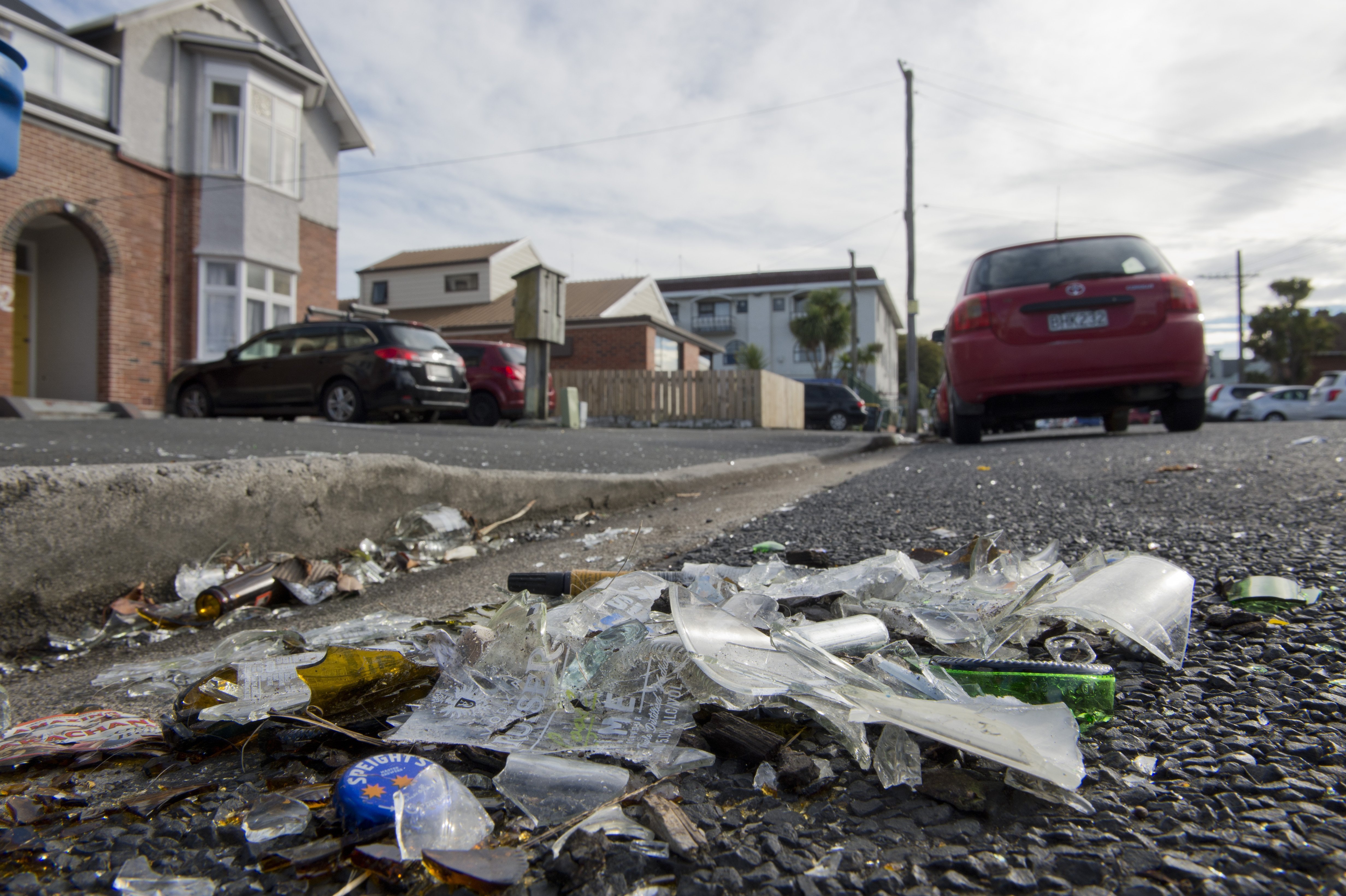 Broken glass litters Dunedin’s Castle St this week. Photo: Gerard O'Brien.