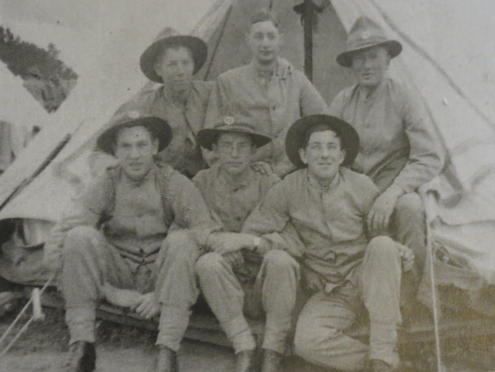 Tom Landreth (front left) in camp with his comrades, (back, from left) Ron McNeur, Harry Gapper,...