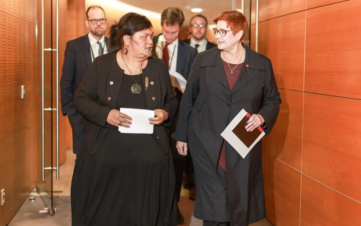 New Zealand's Minister for Foreign Affairs Nanaia Mahuta (L) and her Australian counterpart...