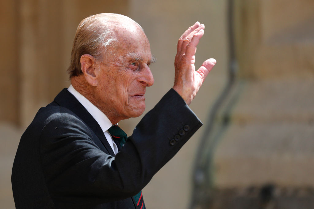 Prince Philip waves as he takes part in the transfer of the Colonel-in-Chief of The Rifles at...