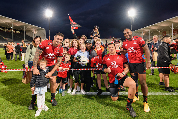 Codie Taylor, Tamaiti Williams and Manasa Mataele with fans after their win over the Blues at...