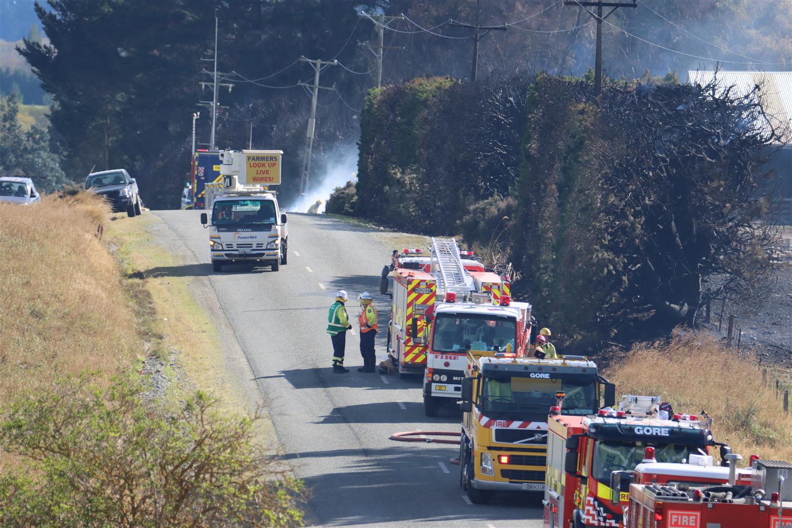 Emergency services at the scene of the hedge fire in Waimea Valley Rd. Photo: Sandy Eggleston