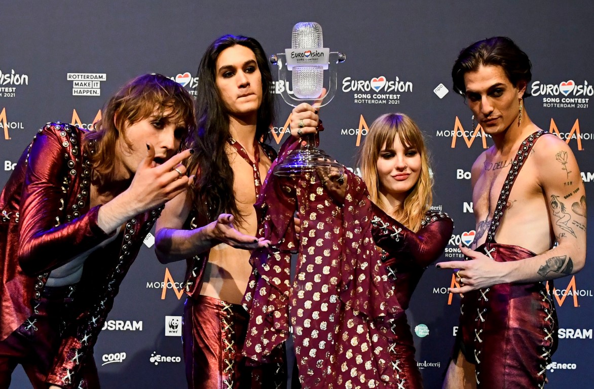 Maneskin pose with the trophy after winning the 2021 Eurovision Song Contest, in Rotterdam,...