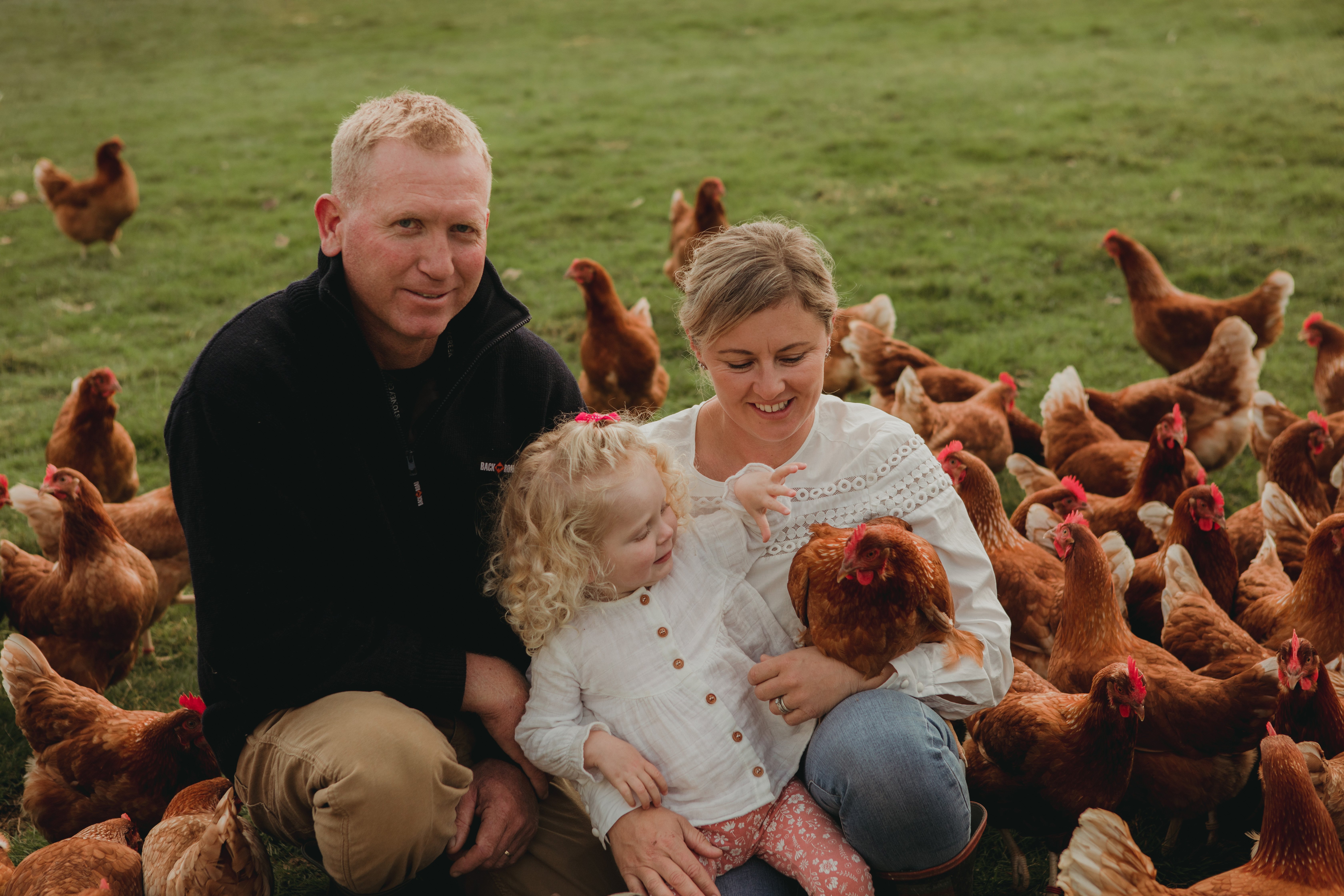 Kelly and Morgan Campbell, with daughter Sage (2), own a free-range egg business in the Waimate...