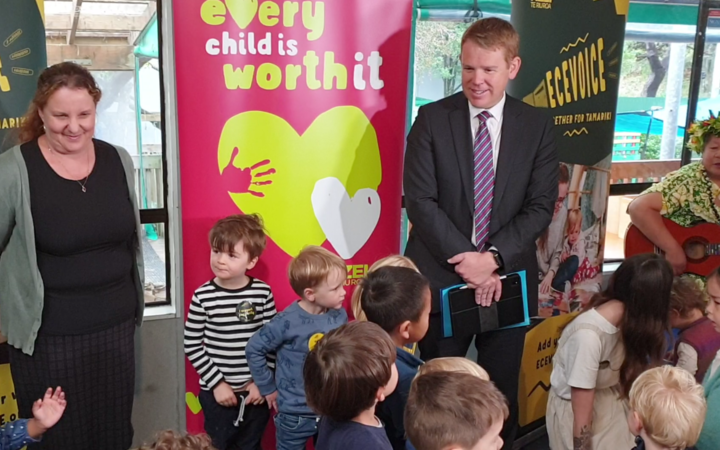 Minister of Education Chris Hipkins announcing extra funding to give early childhood teachers pay...