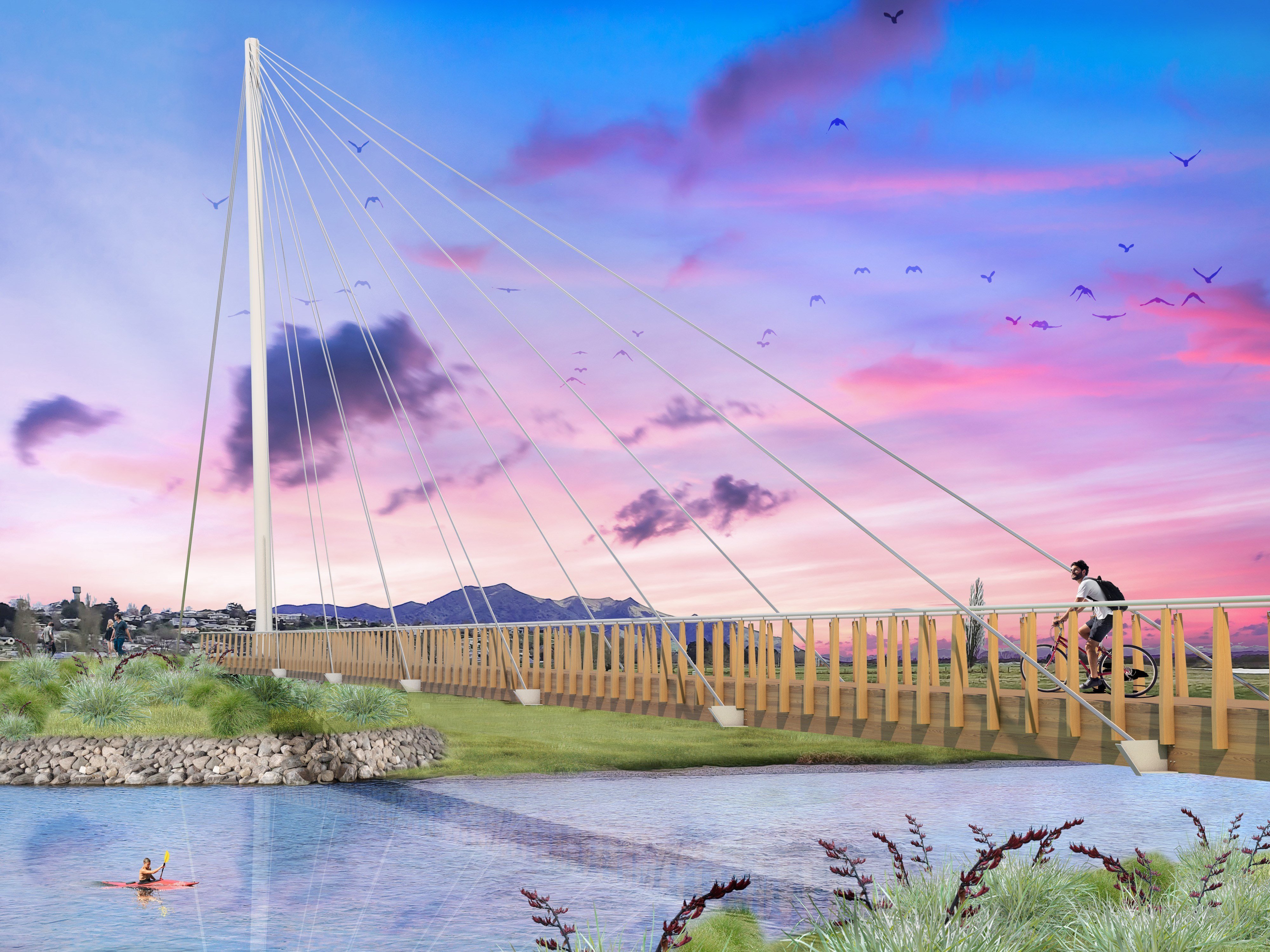 A view of the proposed cable-stay bridge over the Mataura River in Gore from the east bank...