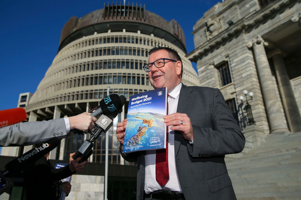 Finance Minister Grant Robertson speaks to media during a Budget media opportunity at Parliament...