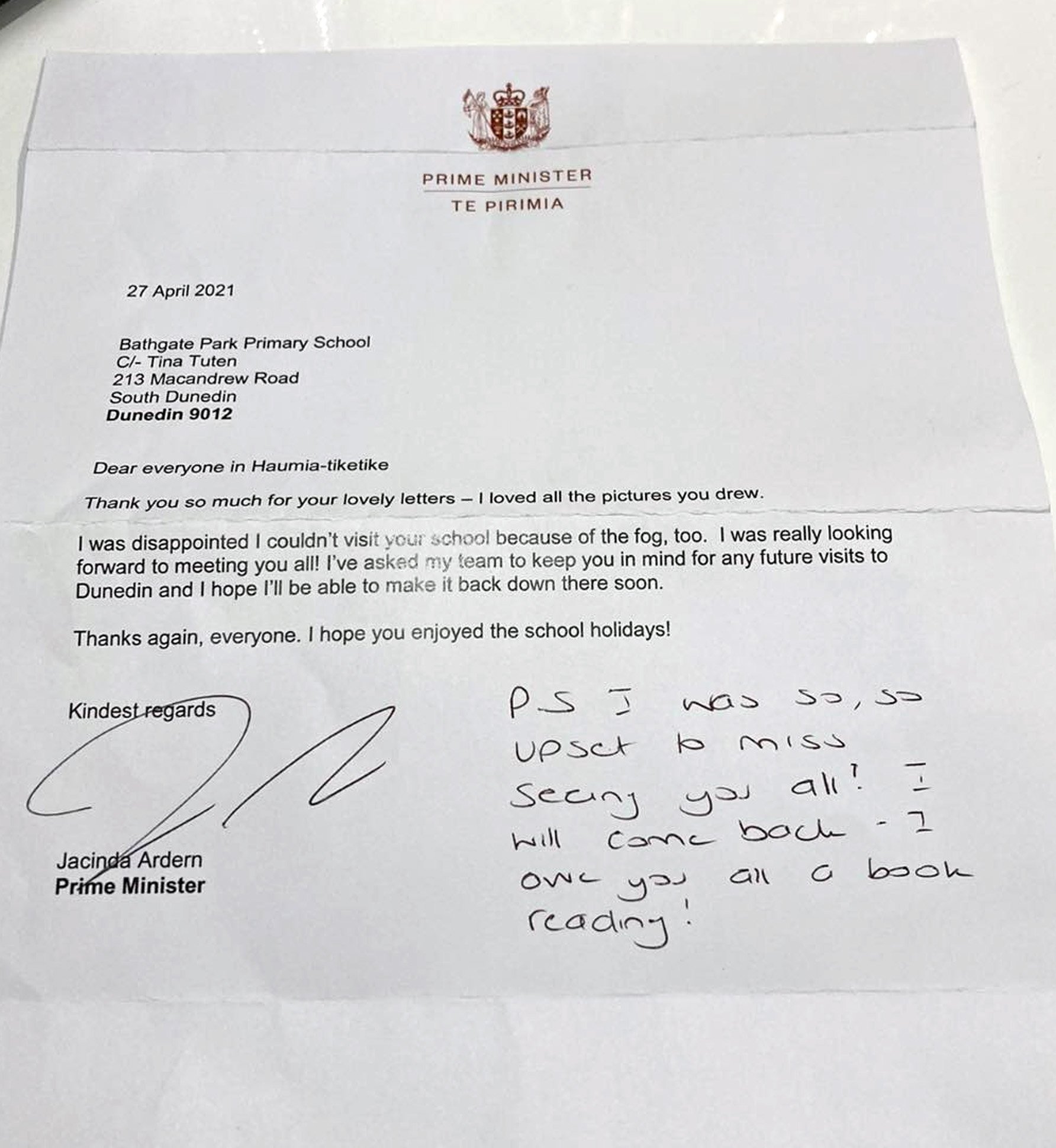 Prime Minister Jacinda Ardern’s letter to Bathgate School. PHOTO: FACEBOOK