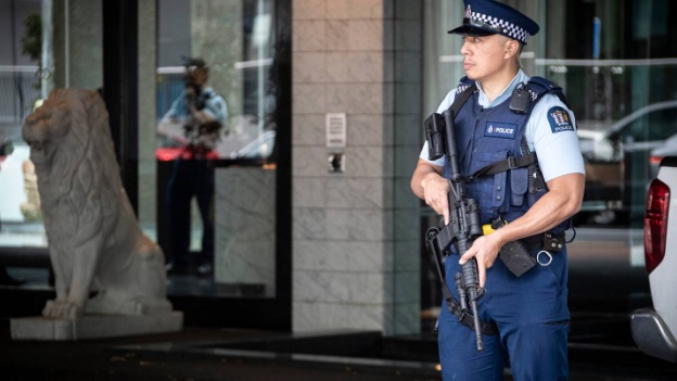 Armed police outside the Sofitel Auckland following the incident on April 15. Photo: NZ Herald