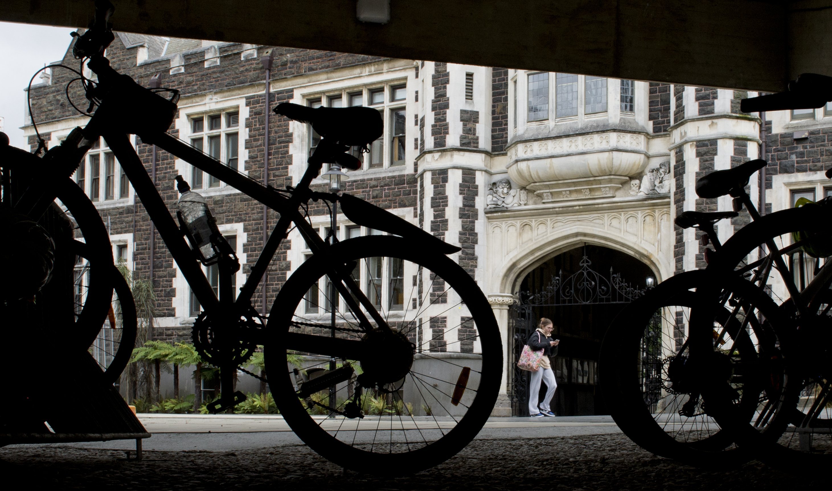 Bicycles are parked in the cycle stands under the Archway Lecture Theatres at the University of...