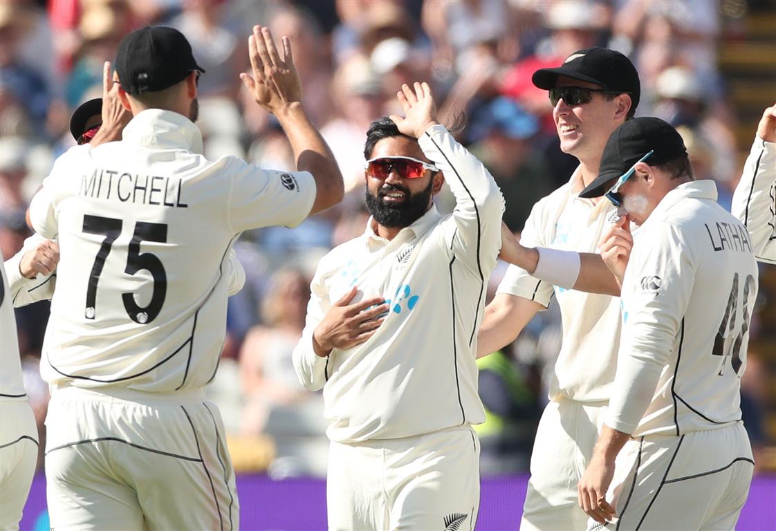 New Zealand's Ajaz Patel celebrates after taking the wicket of England's James Bracey. Photo:...