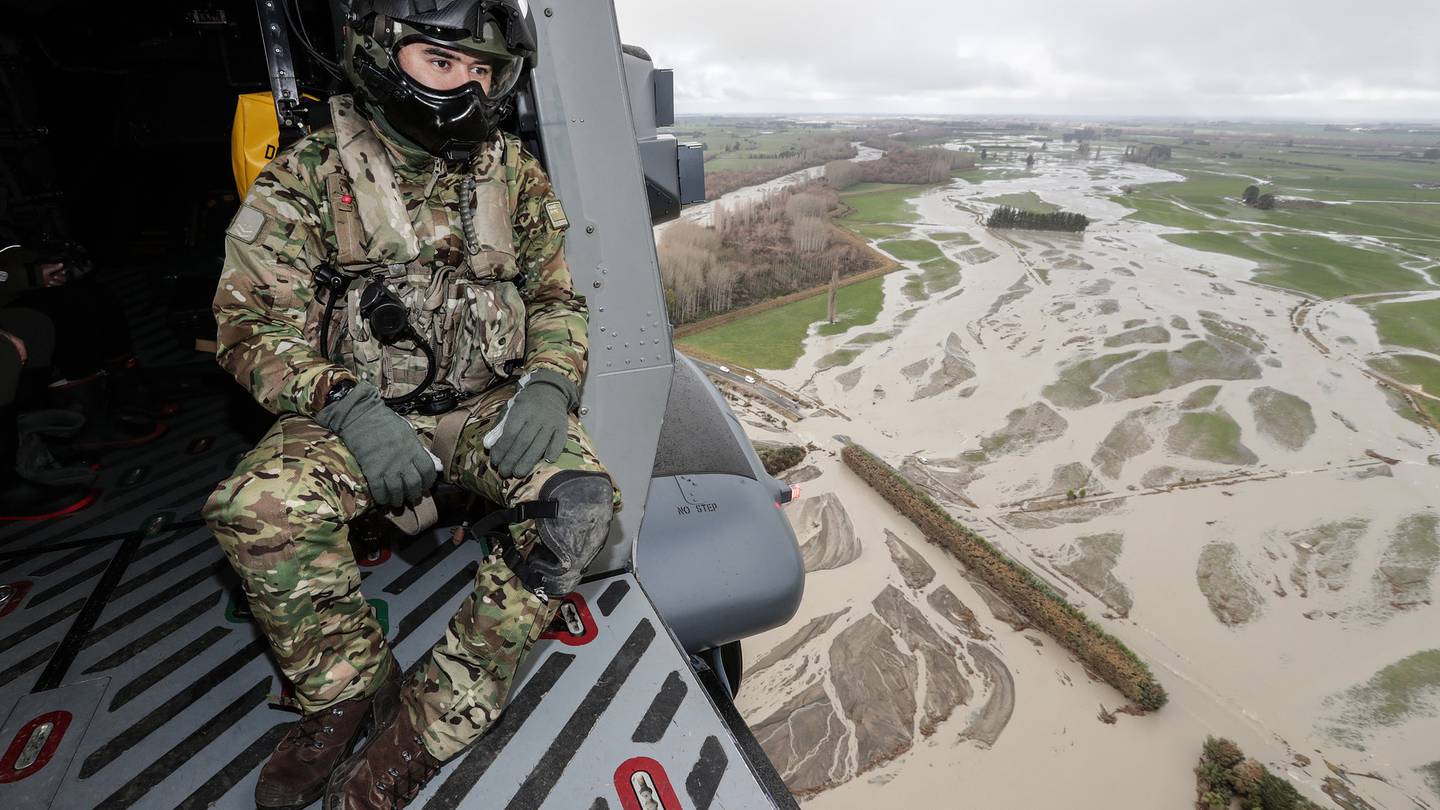 The New Zealand Defence Force fly over flood affected areas in Ashburton. Photo: Pool