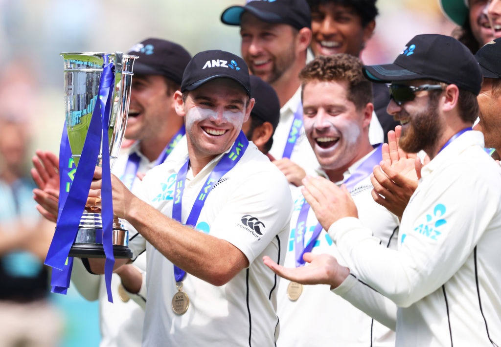 Tom Latham holds the trophy as the Black Caps celebrate their series win over England. Photo:...