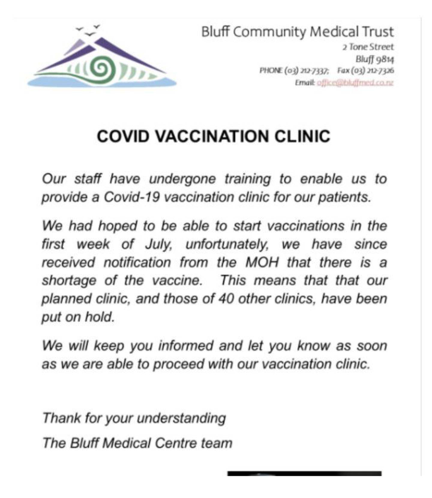 A notice sent out to the community by the Bluff Medical Trust.