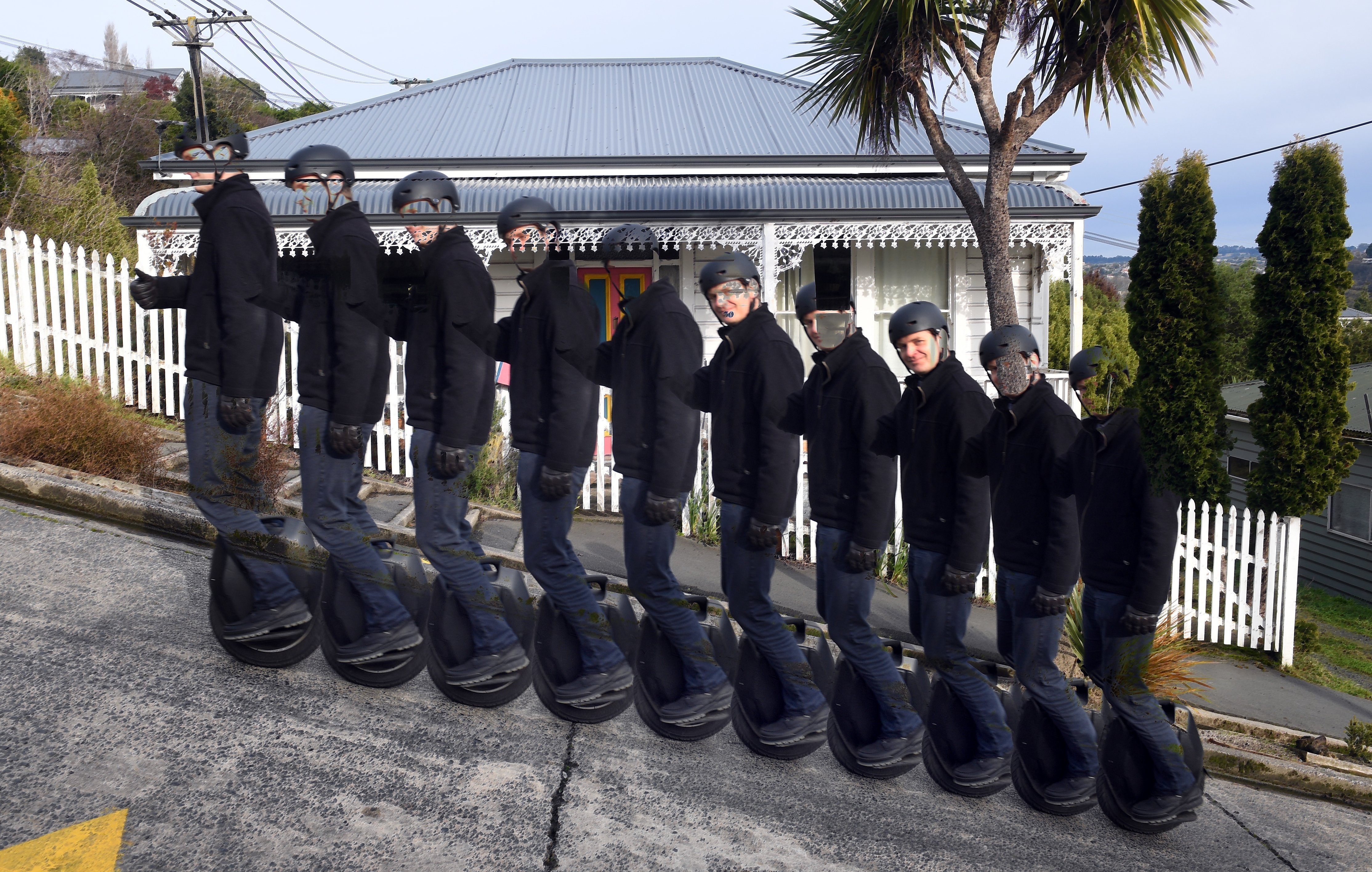 Dennis Pushenko rides his electric unicycle effortlessly up Baldwin St in this multiple exposure...