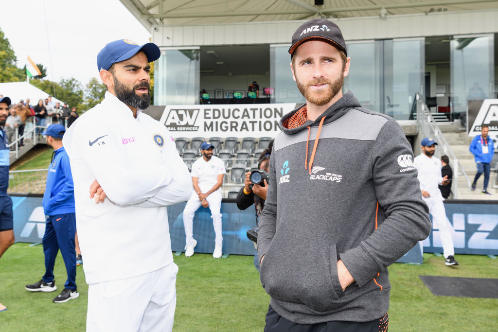 India captain Virat Kohli (L) and New Zealand captain Kane Williamson at Hagley Oval in...