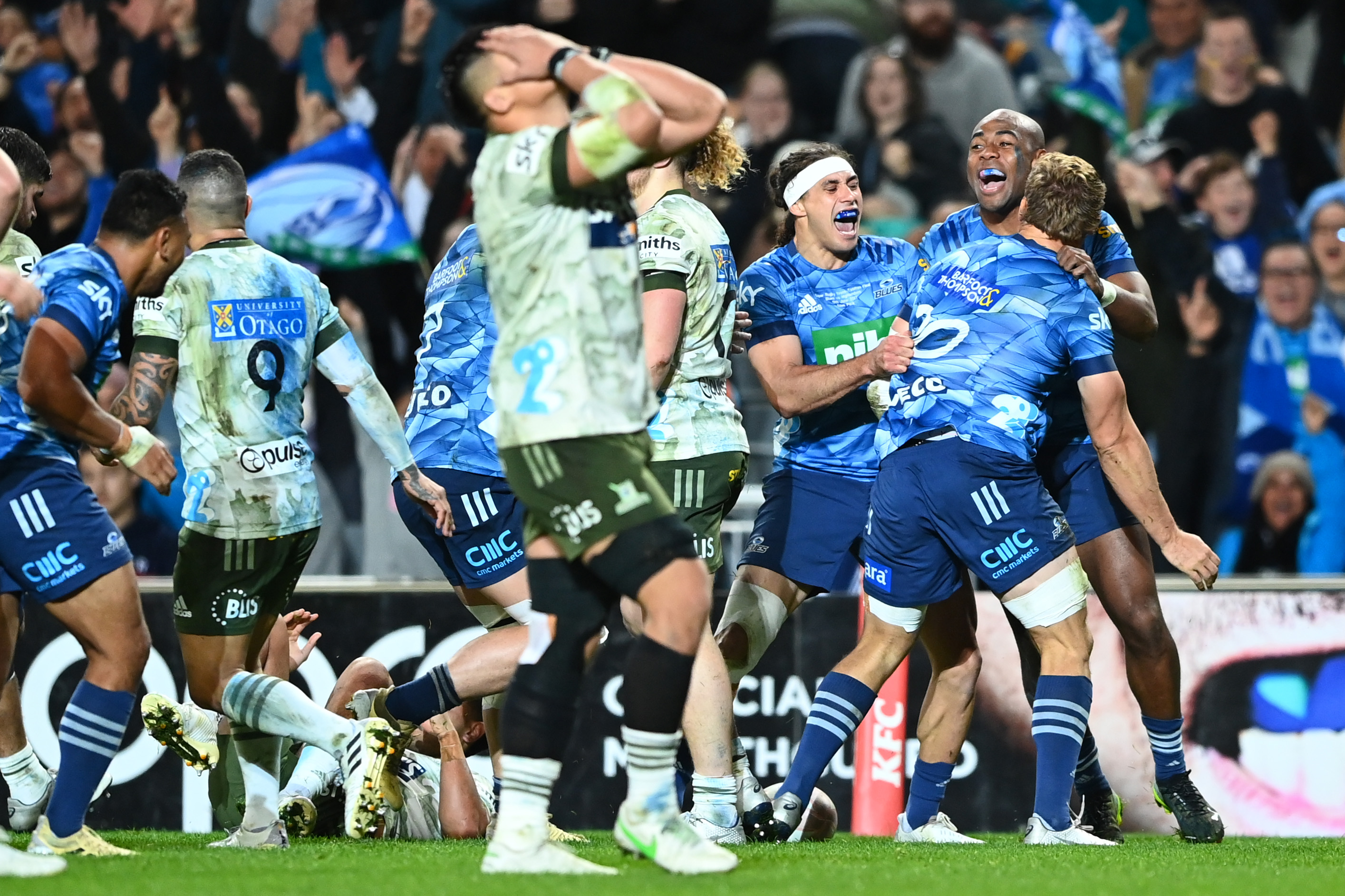 The Blues celebrate the final whistle in the Super Rugby Trans-Tasman final at Eden Park. Photo:...