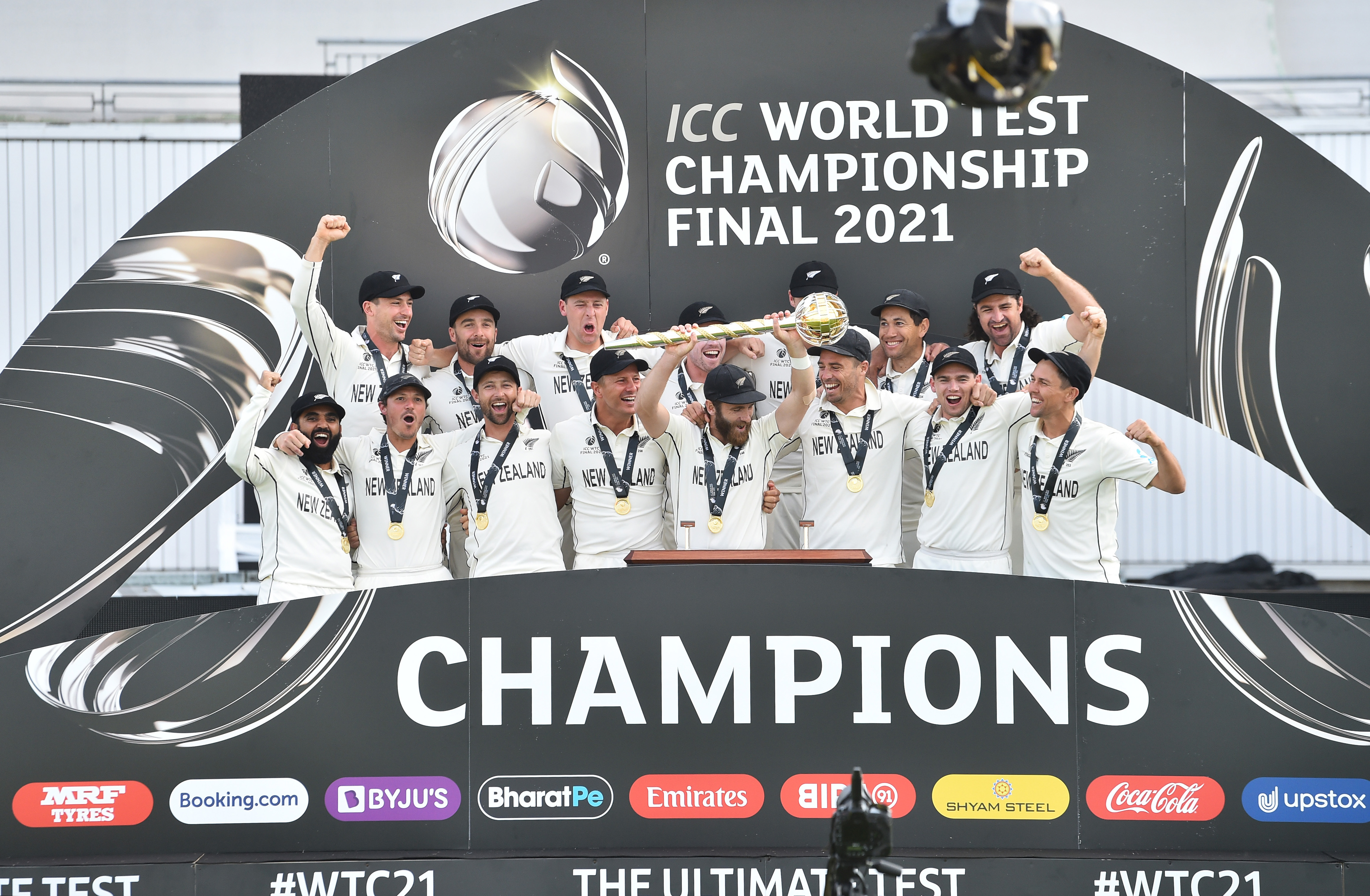 The Black Caps celebrate their victory over India in the World Test Championship final. Photo:...