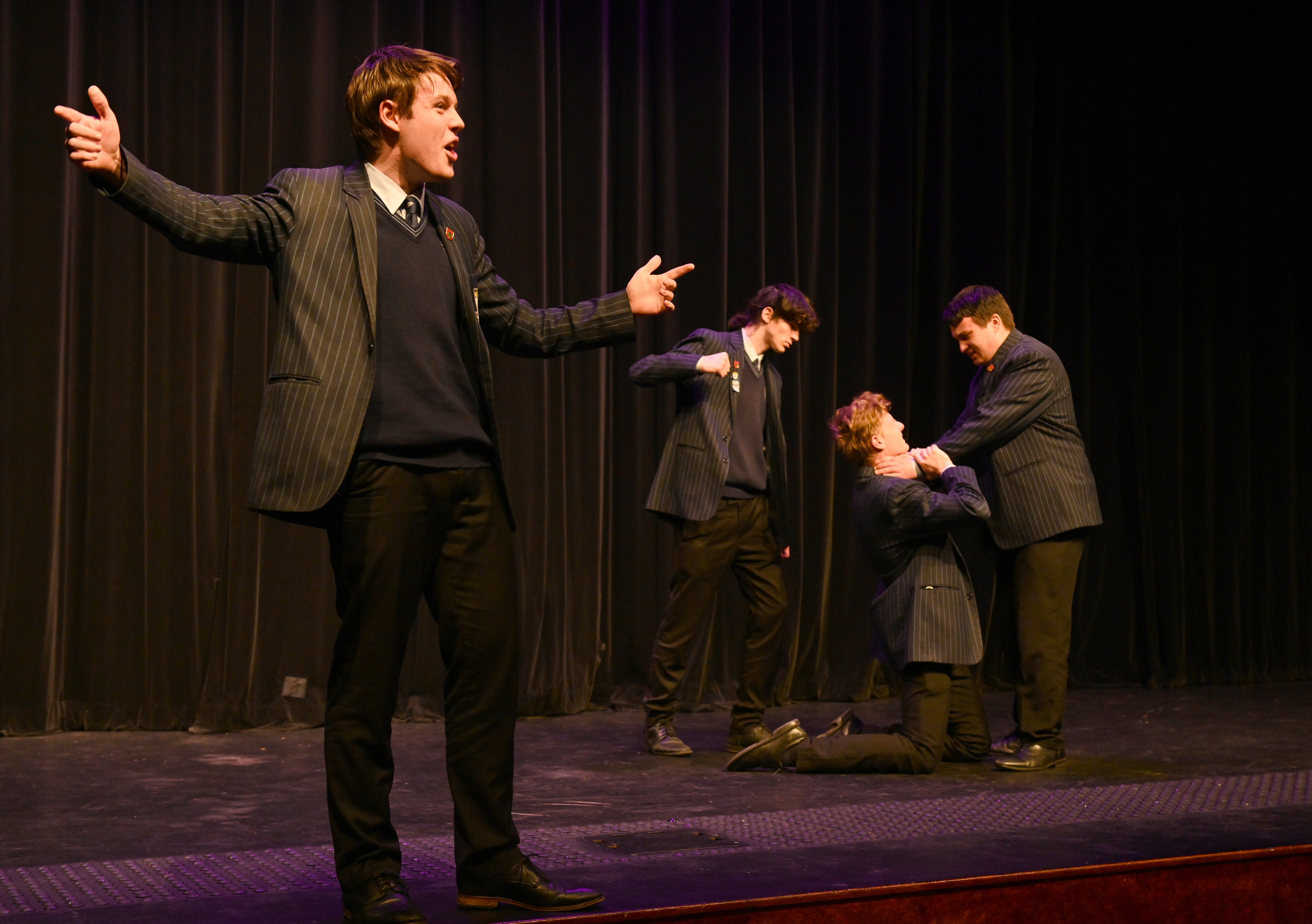 Zac Bell (front) performs a scene from Romeo and Juliet with fellow King’s High School pupils (from left) Cullan Rolton, Daniel Honey and Zed Ramsay. PHOTO: LINDA ROBERTSON Zac Bell (front) performs a scene from Romeo and Juliet with fellow King’s High School pupils (from left) Cullan Rolton, Daniel Honey and Zed Ramsay. PHOTO: LINDA ROBERTSON
