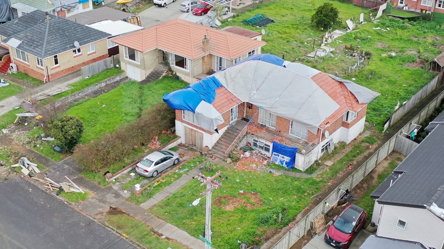 An aerial shot shows some of the damage to homes in Papatoetoe caused by the tornado that tore...