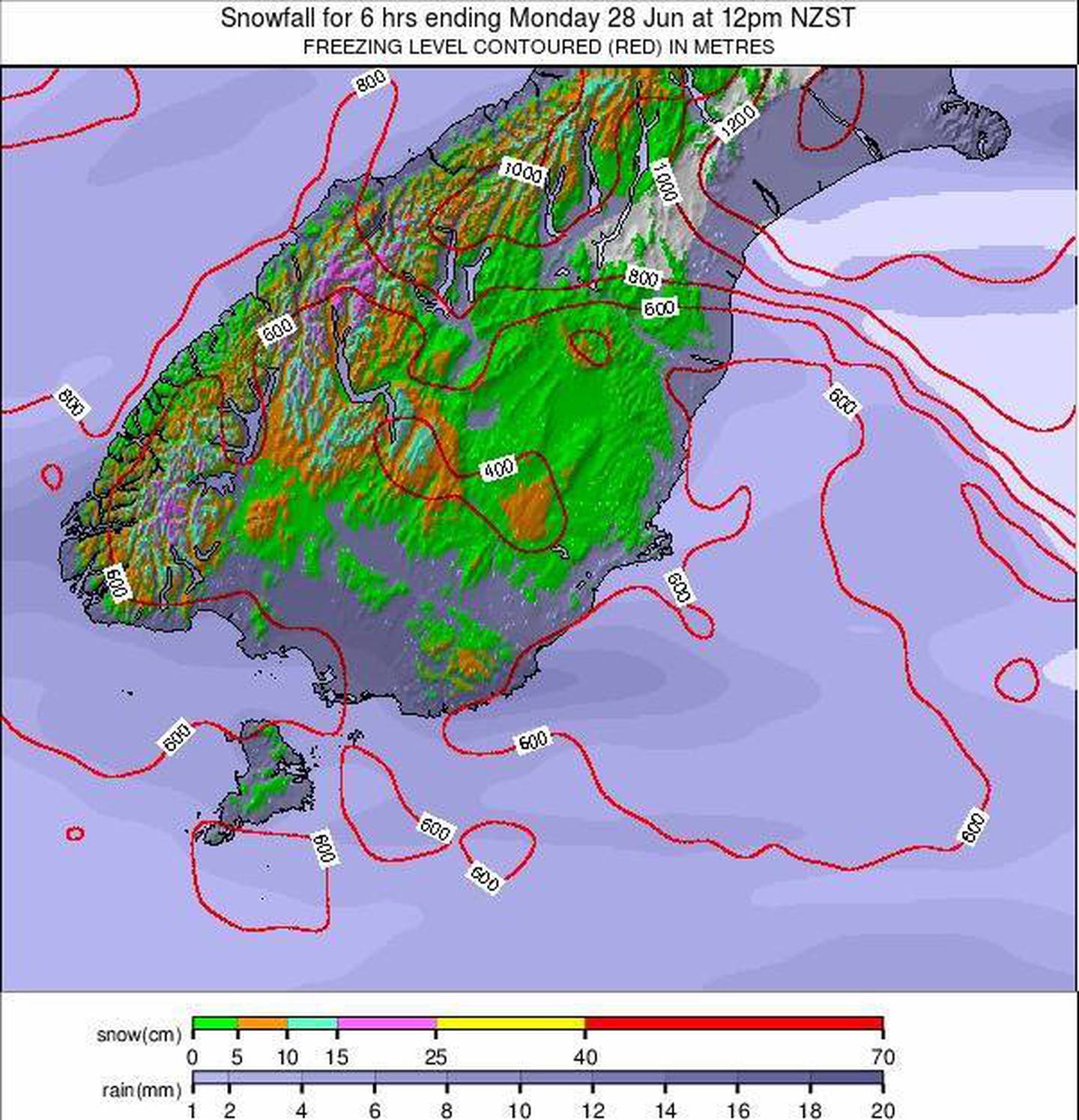 Snowfall for six hours ending Monday at noon. Photo: snow-forecast.com