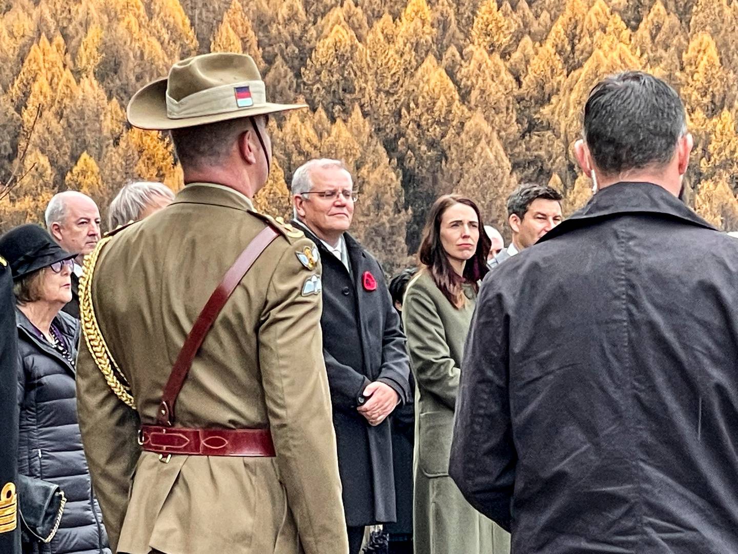 The leaders at a wreath-laying in Arrowtown yesterday. Photo: NZ Herald 