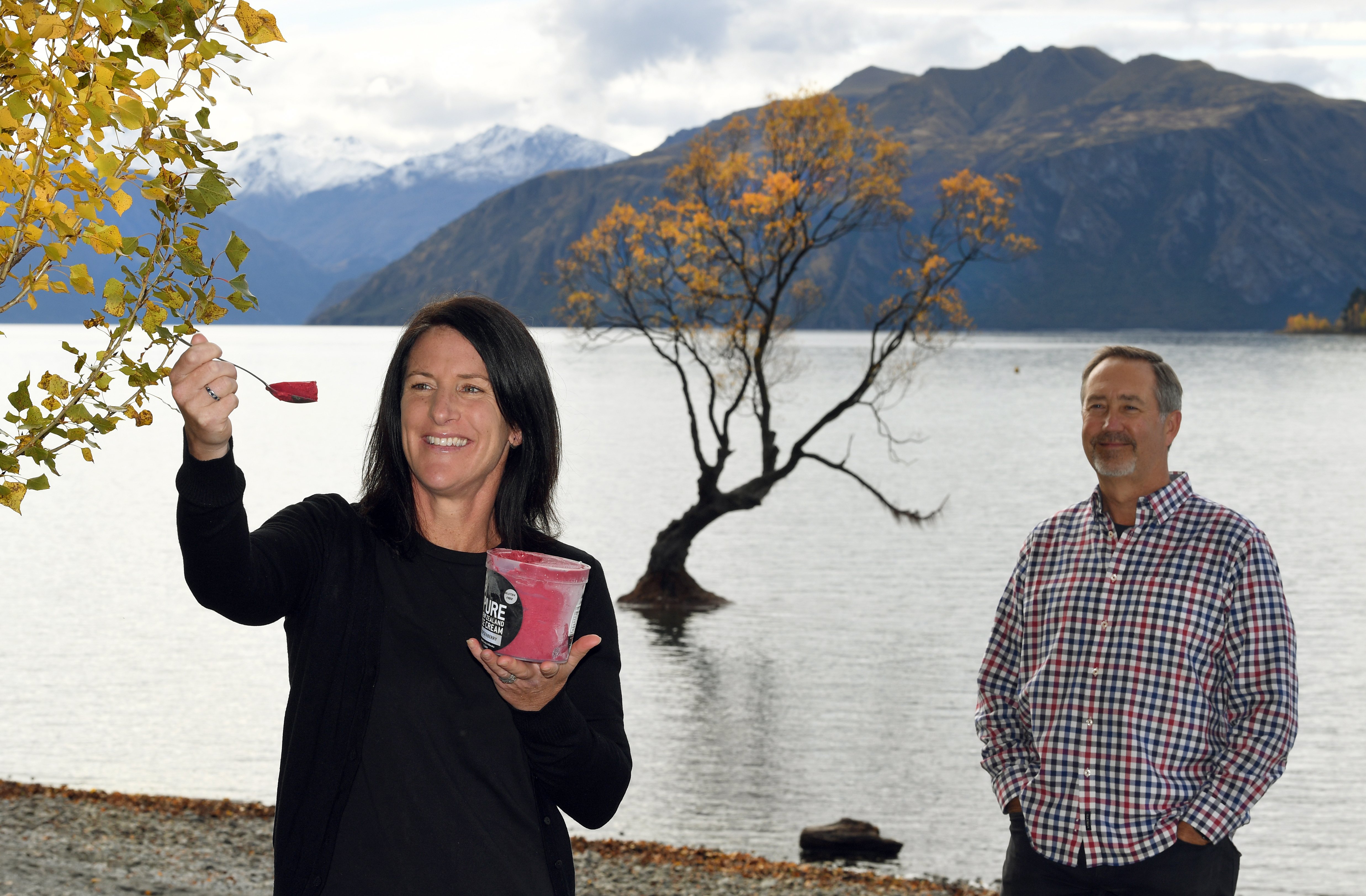 Anna Howard, of Pure New Zealand Ice Cream, with Brian Thomas