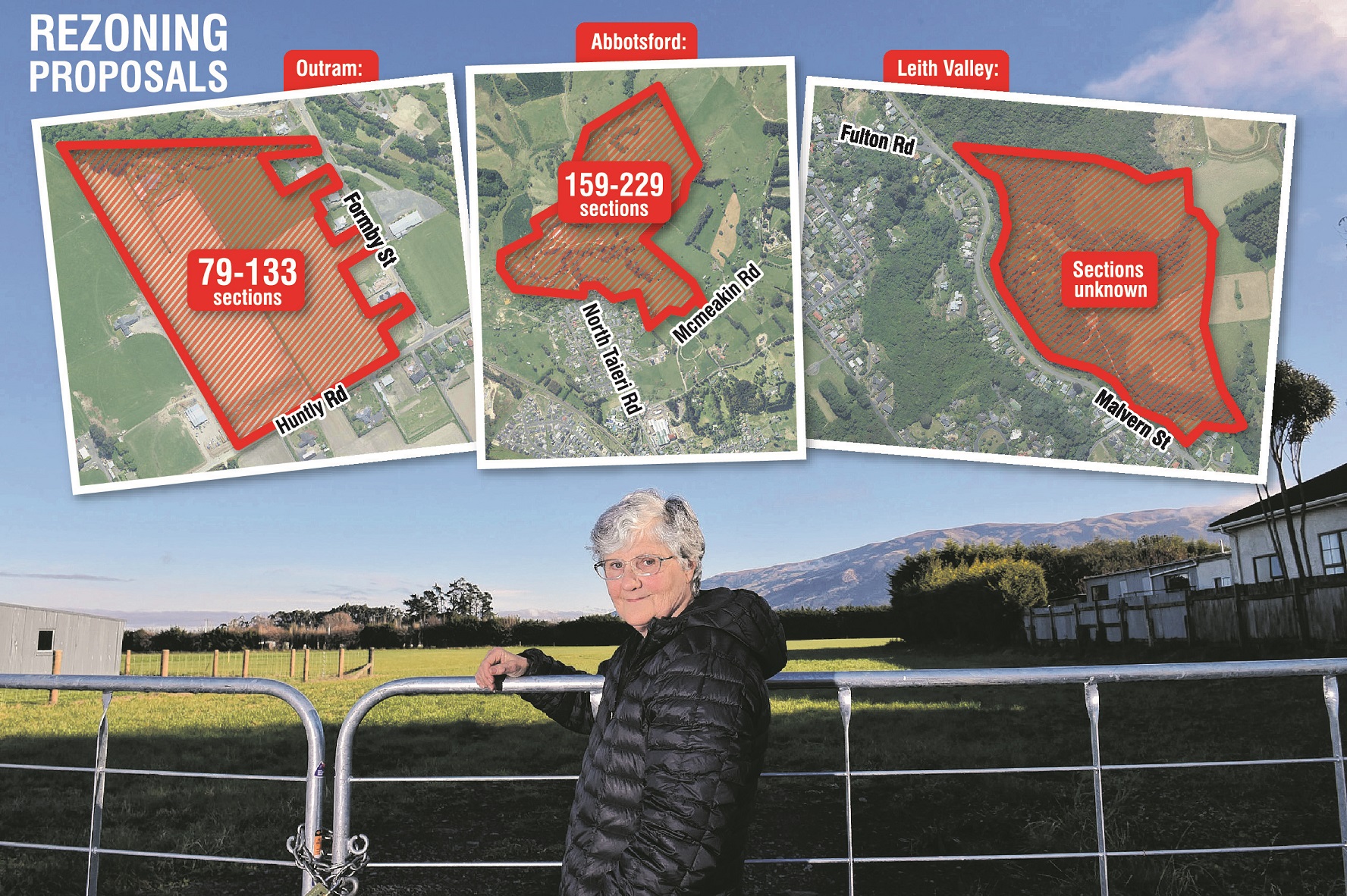 Outram resident Margaret Henry stands in front of the land for a proposed subdivision. Inset:...