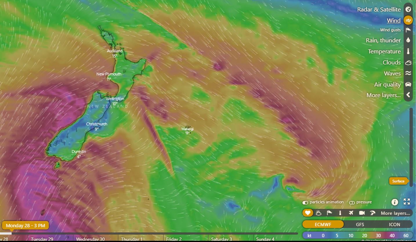 The wind forecast on Monday. Photo: windy.com