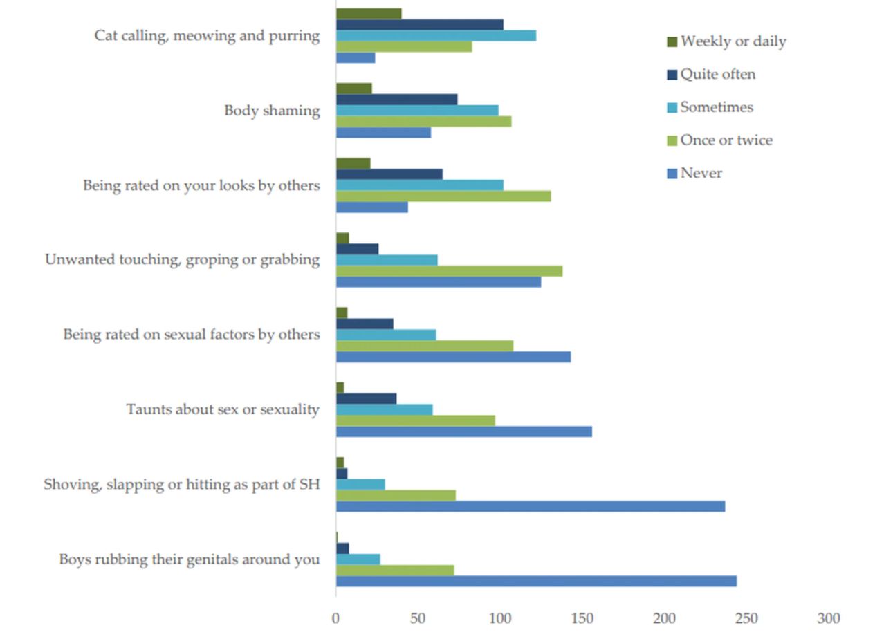 Frequency of commonly cited forms of sexual harassment. Image: Supplied