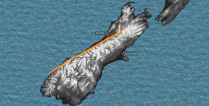 The Alpine Fault is where oceanic tectonic plates the Pacific Plate and the Australian Plate meet...