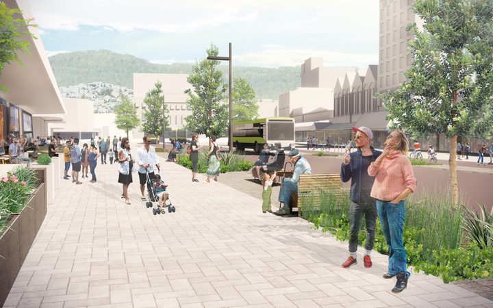 An artist's impression of Courtenay Place free of cars. Photo: Supplied / Let’s Get Wellington...