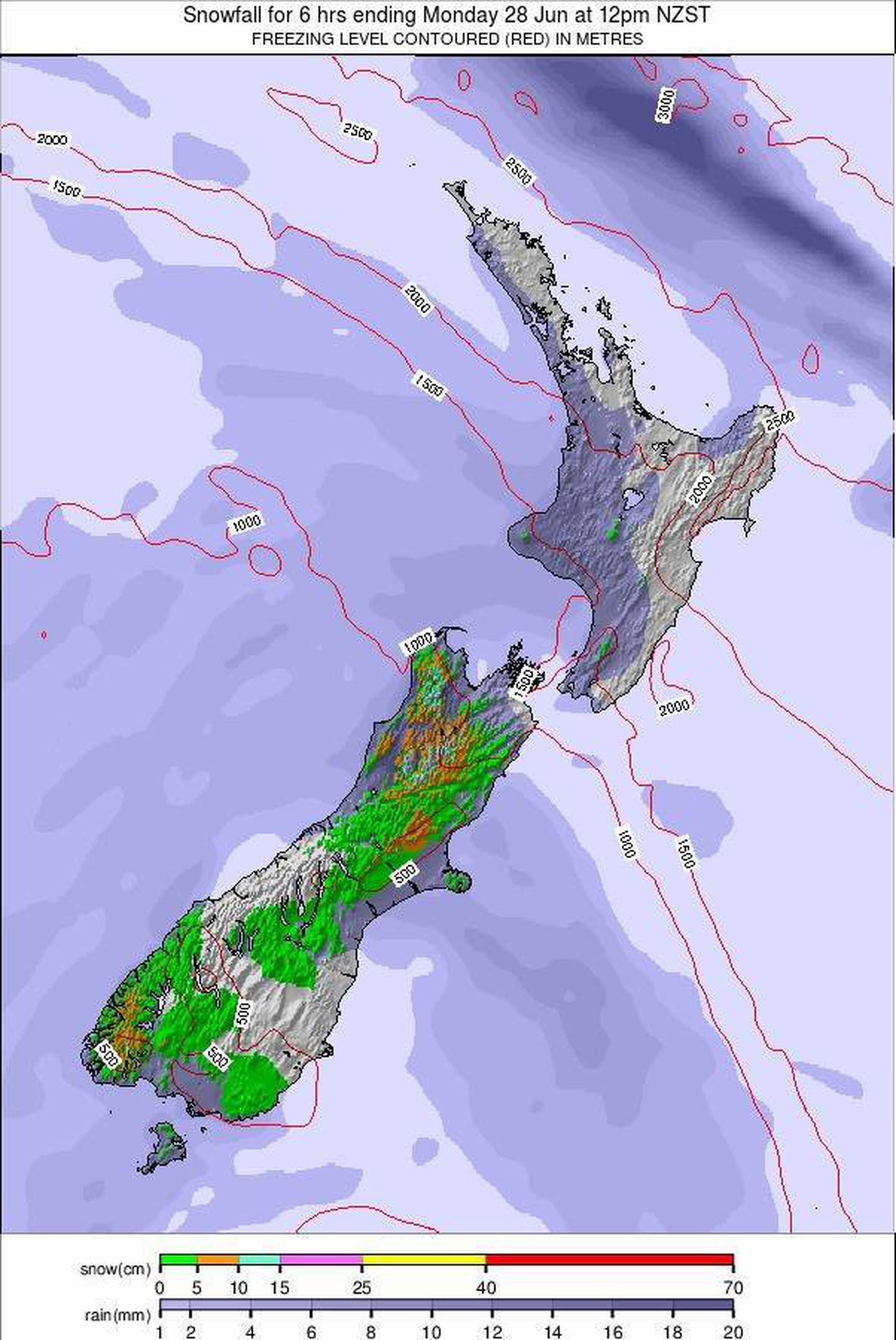 Snowfall forecast for the six hours ending at noon on Monday. Photo: Snow-forecast.com