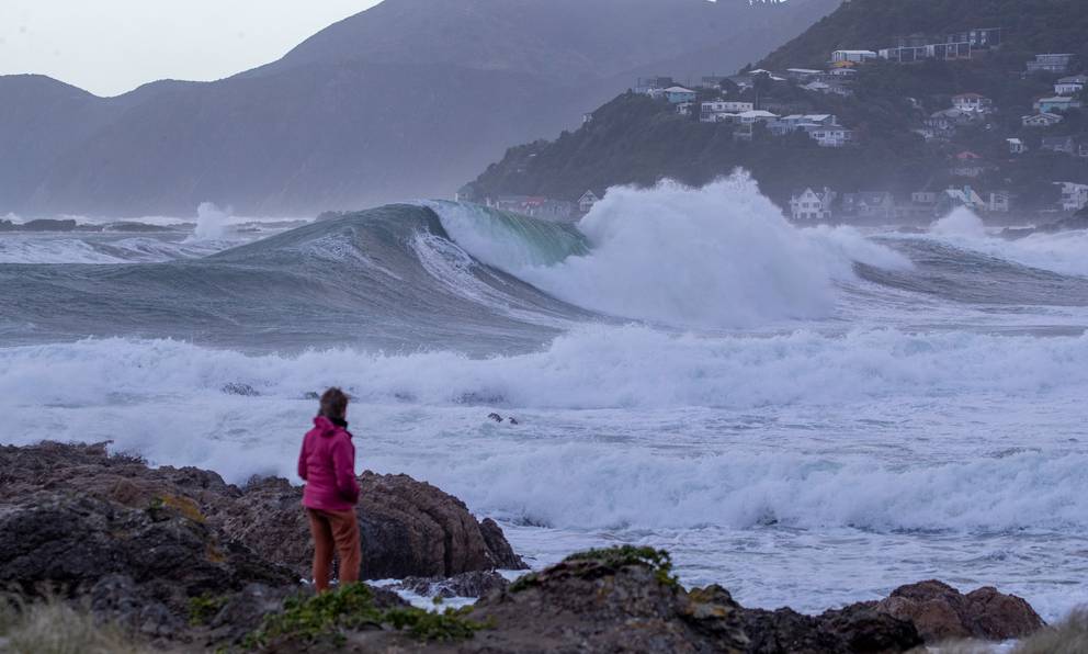 Huges waves breaking on Wellington's south coast today. Photo: NZ Herald