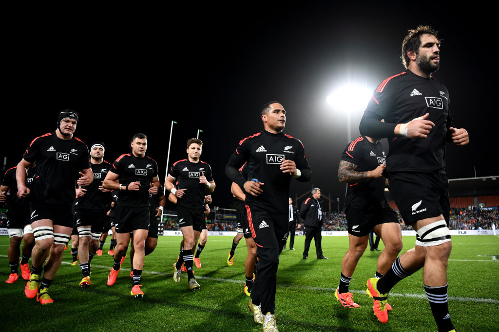 All Blacks captain Sam Whitelock (right) leading the team at a recent test against Fiji.  AIG's...