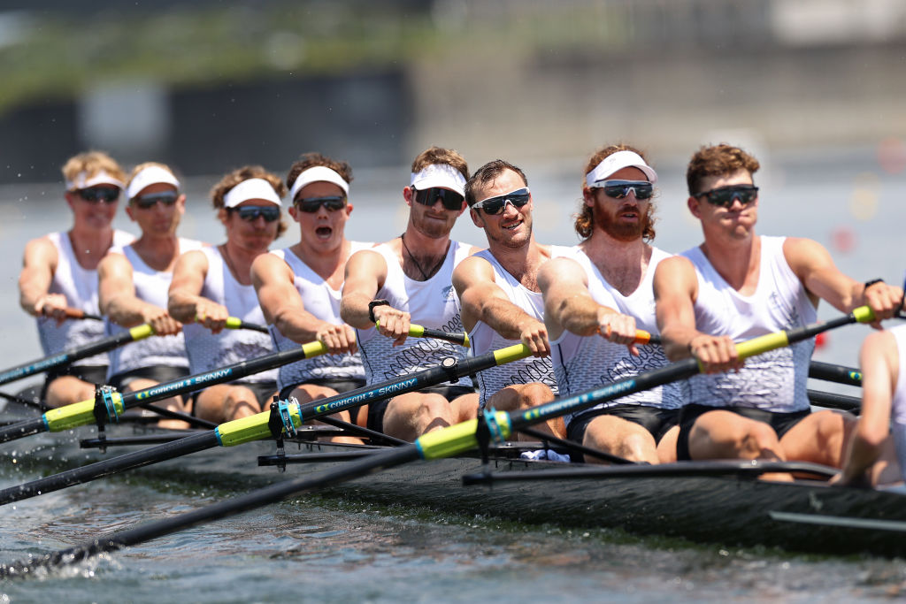 The New Zealand men's eight of (l to r) Thomas Mackintosh, Hamish Bond, Tom Murray, Michael Brake...