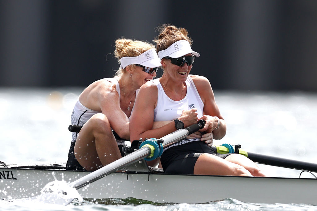 Grace Prendergast and Kerri Gowler celebrate winning the gold medal. Photo: Getty Images 