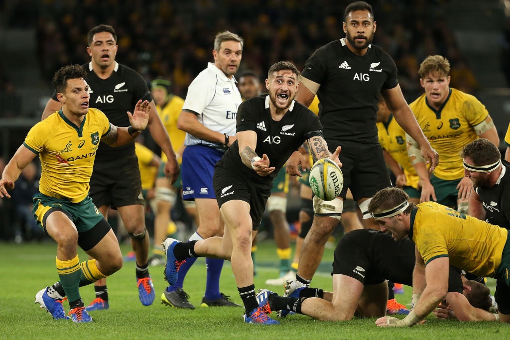 Potential Sydney Rooster TJ Perenara clears the ball from a ruck for the All Blacks during a...