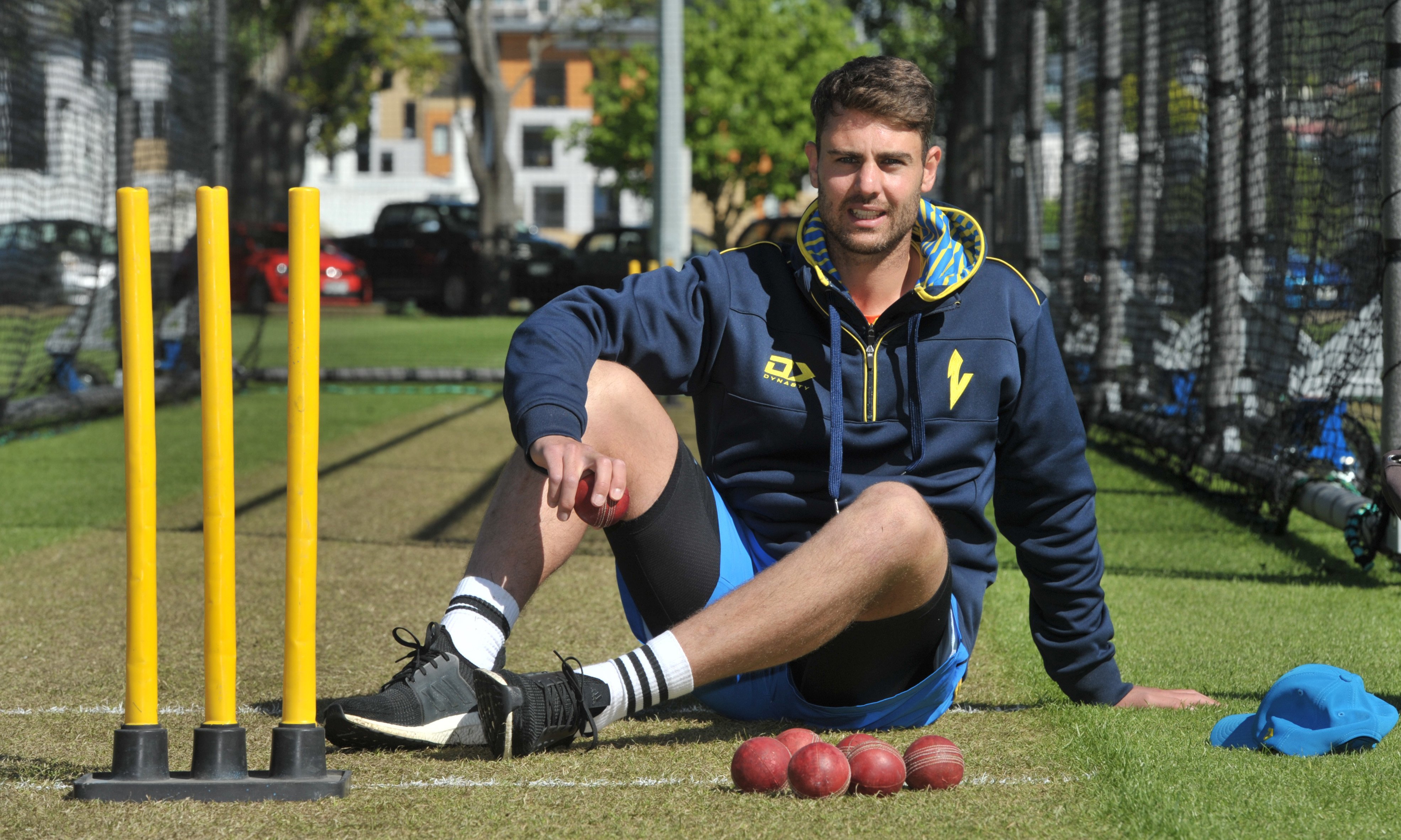 Otago seamer Travis Muller takes a break during a training session at Logan Park earlier this...