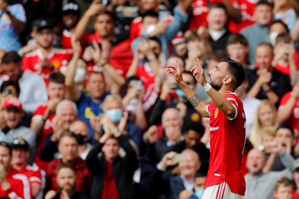 Manchester United's Bruno Fernandes celebrates scoring their first goal. Photo: Reuters